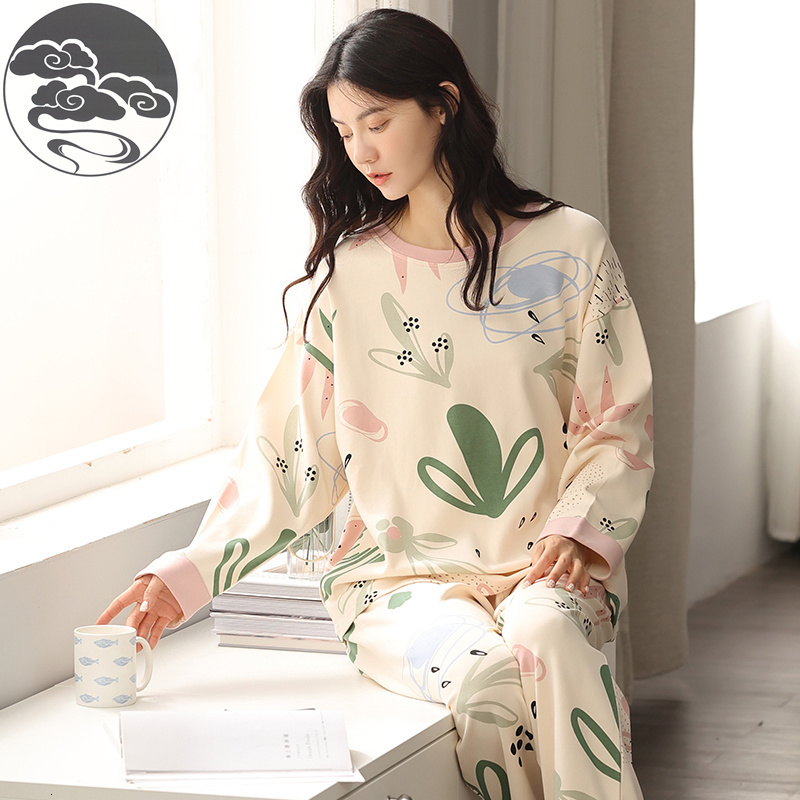 Women's Sleepwear Spring Autumn Knitted Cotton Women's Sleep Lounge Pajama Long Sleeved Woman Pajama Set Cartoon Pyjamas Sleepwear M-XXXL Fa