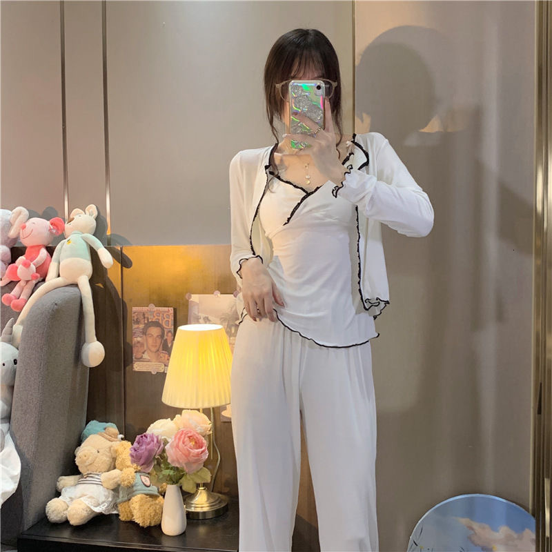 Women's Sleepwear Sexy Lace Spring Pajama 3 Piece Sets Women Plus Size M-3XL Chic Elegant Tender Patchwork Long Sleeve Pockets Sleepwear Soft 230