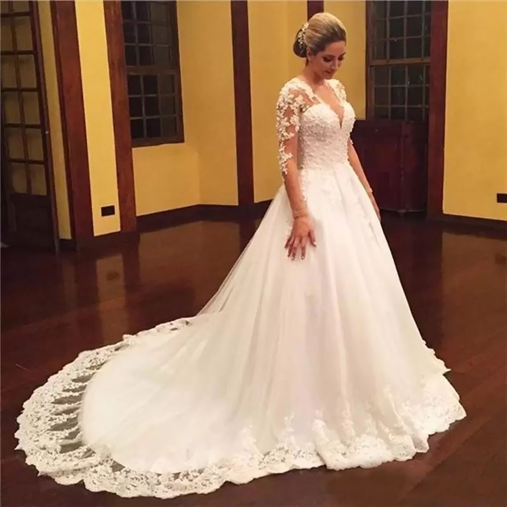 Wedding Dresses New Bridal Gowns A Line Applique Tulle Ivory White Custom Plus Size Wed Dresses Wed V-Neck Long Sleeve Illusion Zipper