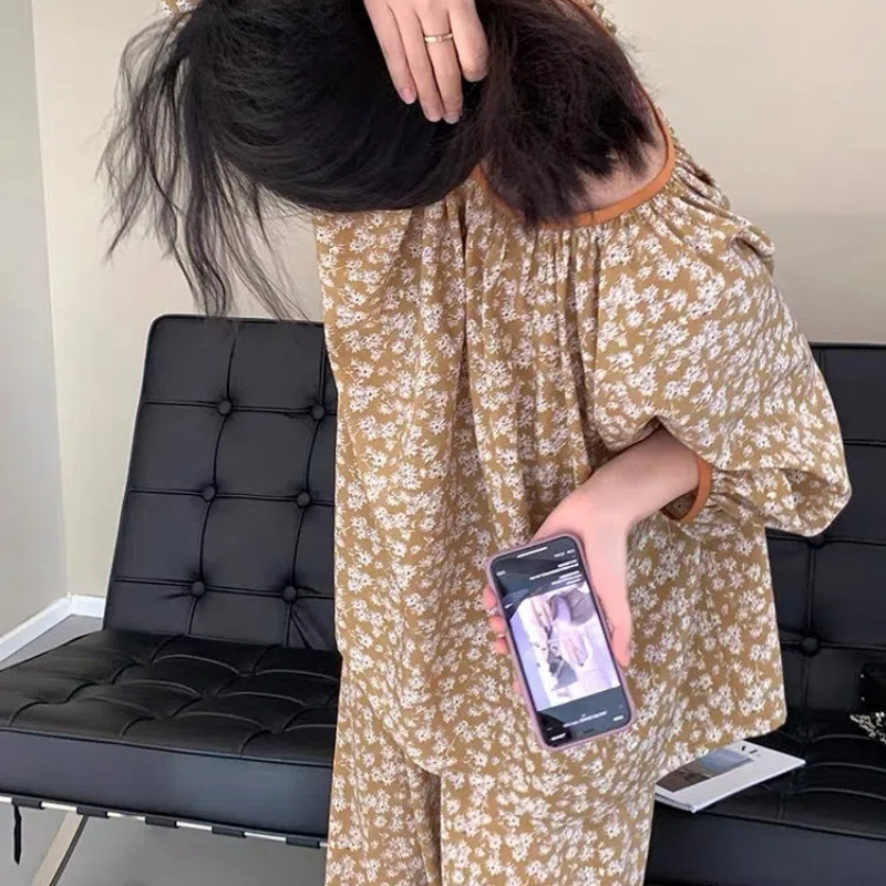 Women's Sleepwear Pajama Sets Women Vintage French Style Casual Chic Comfortable Ladies O-neck Sleepwear Print Soft Ins Autumn Basic Lounge Daily