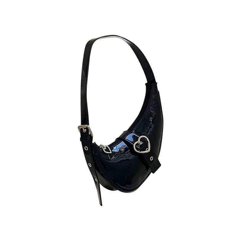 Shoulder Bags Moto Biker for Women Trendyol Heart Zipper Underarm Crescent Black Patent Leather Babes Coin Purse 230309