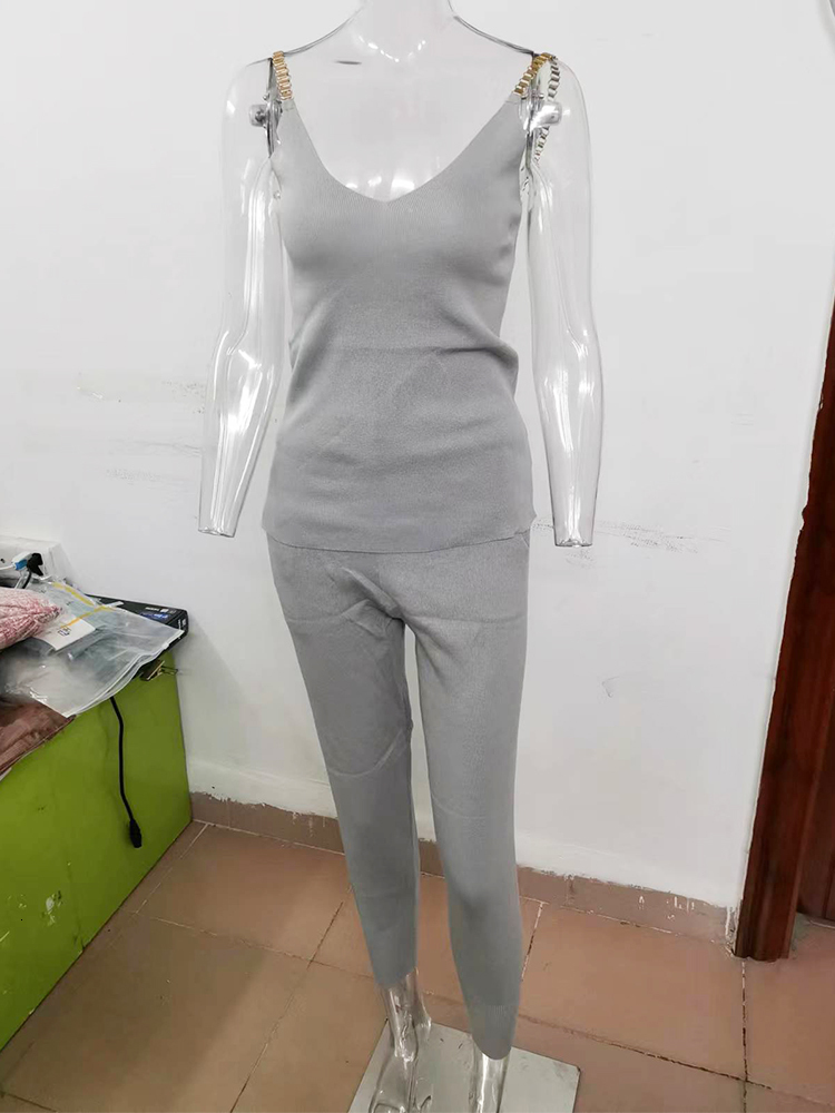 Women's Two Piece Pants Woman Jacket Fashion Women'S Suit Autumn Sweet Temperament Chain Vest Knitted Casual Jacket ThreePiece Elastic Pants