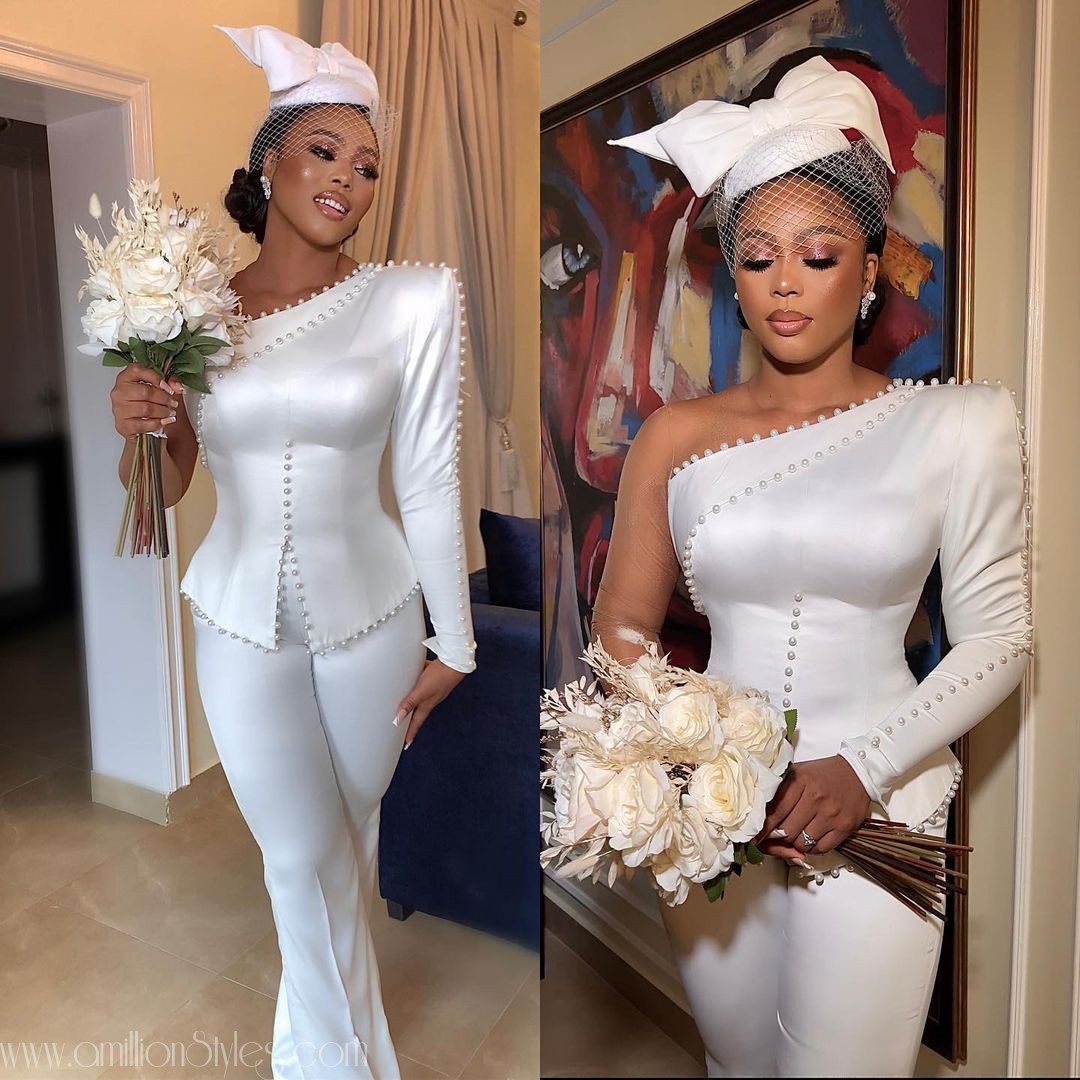 Aso Ebie Jumpsuit a-line wedding dresses 2023 One Shoulder Black Girls bridal gown With pant suit Pearls Chic Robe De Mariee