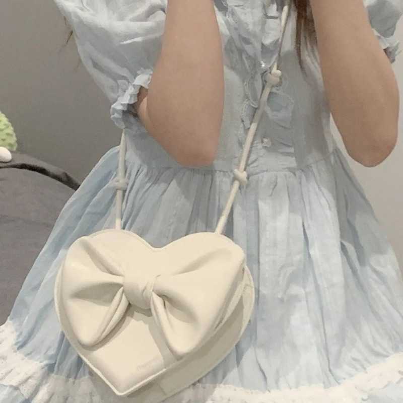Shoulder Bags Cute White Heart Female Harajuku Kawaii Small Bowknot Crossbody Women Cell Phone Purse Womens Pouch 230309