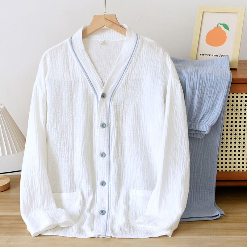 Women's Sleepwear Japanese spring and autumn ladies pajamas long-sleeved trousers two-piece set 100% cotton crepe loungewear V-neck thin suit 230