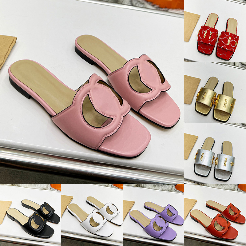 Interlocking Hollow Slippers For Womens Ladies Leather Low Heels Slipper Fashion Luxury Female Summer Casual Shoes Pink Black White pantoufle Sliders