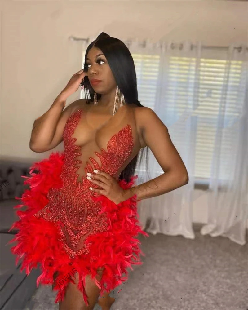Sexy Red Sheer O Neck Short Prom Dress For Black Girls Beaded Birthday Party Dresses Feathers Mini Tail Homecoming Robe