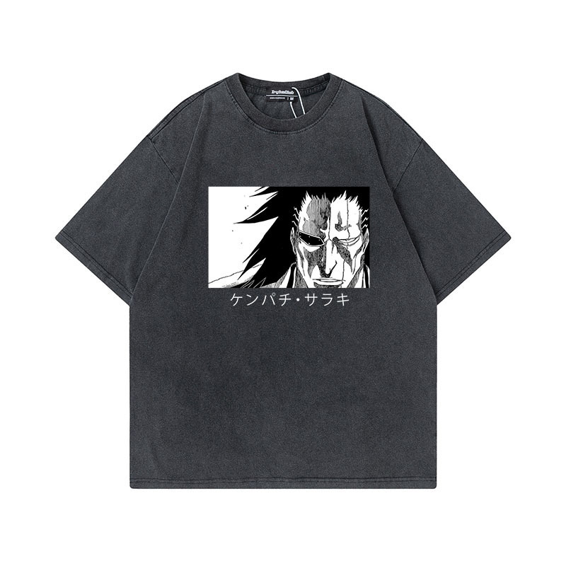 Men s T Shirts Japanese Anime Bleach T Shirt Men Washed Kurosaki Ichigo Graphic Tees Funny Harajuku Cartoon Zaraki Kenpachi T shirts Male 230308