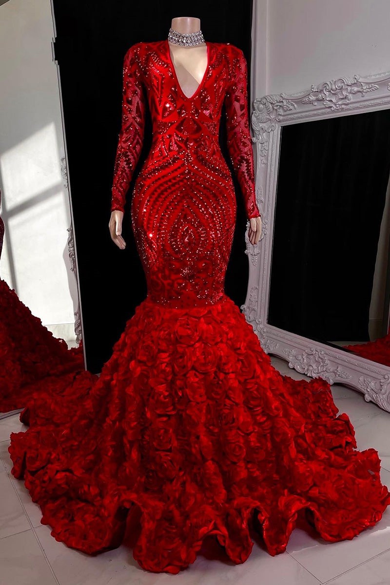 Bury Lace Sequin Mermaid Prom Dresses Black Girls V Neck Long Sleeves Sweep Train Formal Evening Gowns Real Image Bc15403 6660311