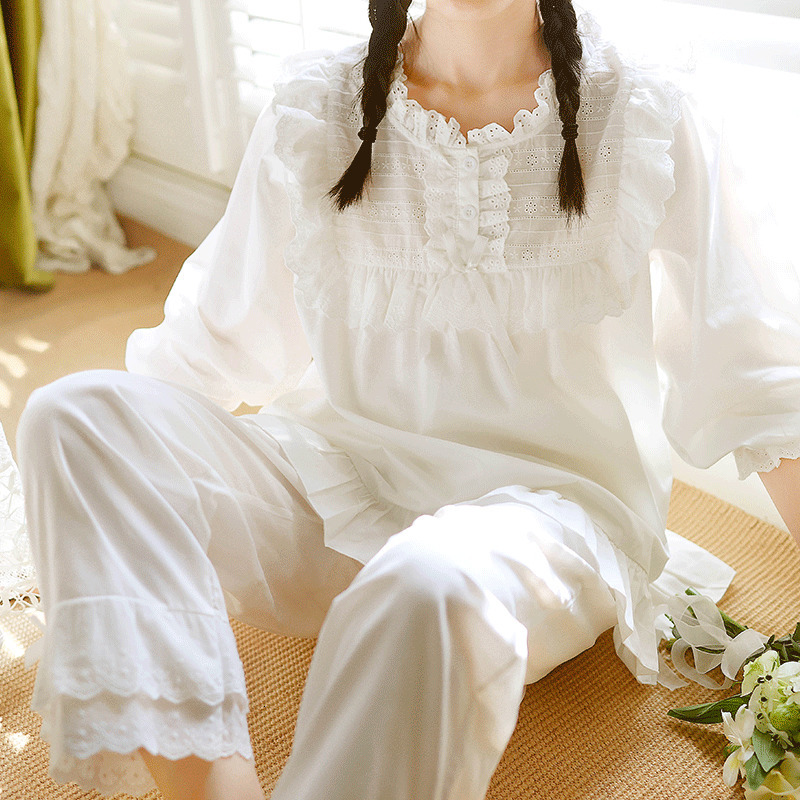 Women's Sleepwear Women Princess Long sleeve Lace Ruffle Pajama Sets TopsPants.Vintage Ladies Cotton Pyjamas Set Victorian Girl's Home Sleep