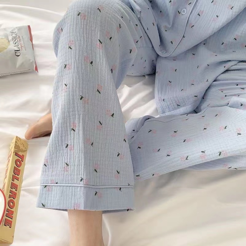 Women's Sleepwear Korean Pajama Mujer Floral Sweet Heart Print Cotton Yarn Sleepwear Set Long Sleeve Cardigan Homewear Skin-Friendly Breathable 2