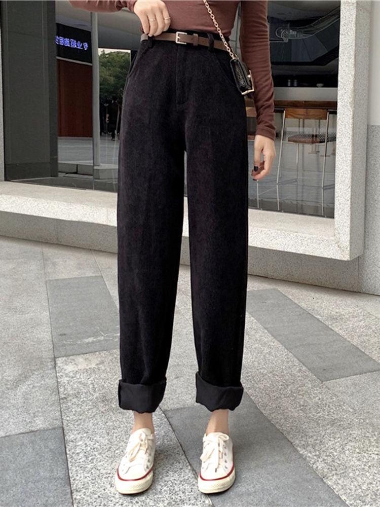Women's Pants Capris ZOKI Vintage Corduroy Women Pants Fashion Belt Fall Elastic High Waist All Match Wide Leg Pants Causal Pockets Loose Trouser