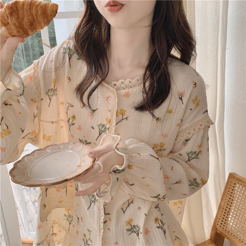 Women's Sleepwear Long Sleeve Pajama Set Square Collar Cardigan Women Floral Cartoon Printed Gauze Cotton Kawaii Trendy Women 2pcs Pyjamas Elegan