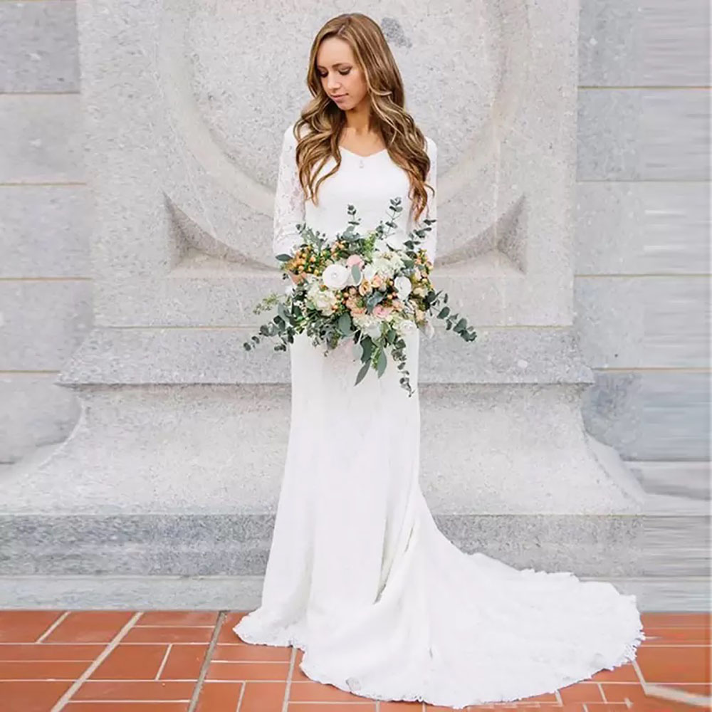 Wedding Dresses White Bridal Gowns Ivory A Line Applique New Custom Lace Up Zipper Wed Dresses Wed V-Neck Three Quarter Sweep Train Lace