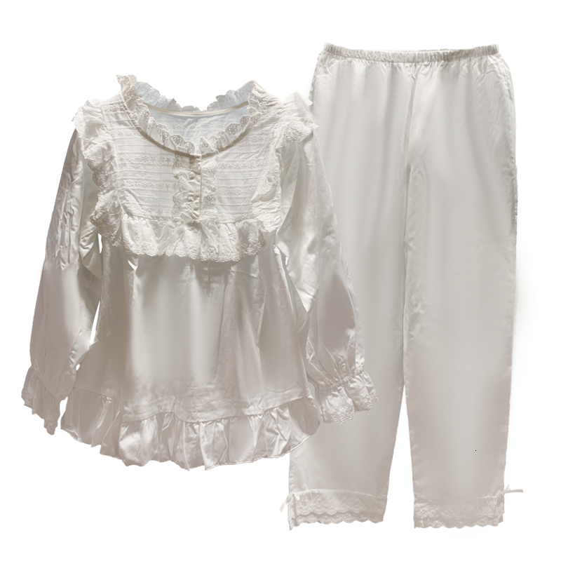 Women's Sleepwear Women Princess Long sleeve Lace Ruffle Pajama Sets TopsPants.Vintage Ladies Cotton Pyjamas Set Victorian Girl's Home Sleep