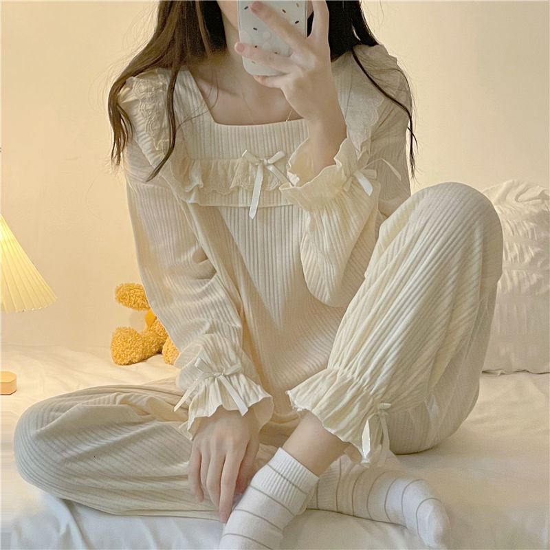 Women's Sleepwear Women Pajama Sets Autumn Lace Square Collar Sleepwear Princess Long Sleeve Ruffles Pyjamas Lounge Student Sweet Outwear Two Pcs