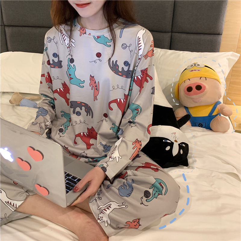 Women's Sleepwear Autumn Thin 2pieces Pyjamas Set Women Sleepwear Lovely Home Suits Round Neck Girls Teacup SleepwearLong Sleeve Pajamas 230309