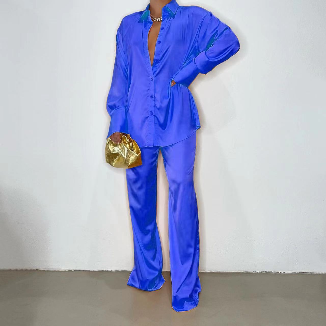 Women's Two Piece Pants Elegant Satin Women's Matching Sets Casual Long Sleeve Shirt Straight Pants Suit Female Loose Solid Tops Two Pieces 
