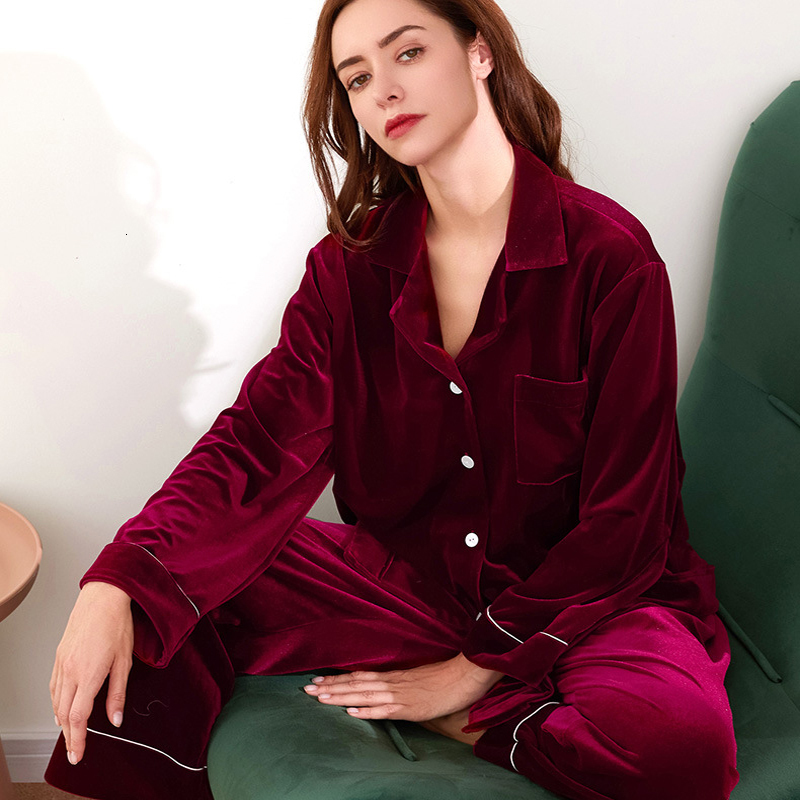 Women's Sleepwear Velvet Silk Pajamas Set for Women's Autumn and Winter 2 pieces Home Suit 100% Pure Silk Sleepwear Spring Home Service 2303