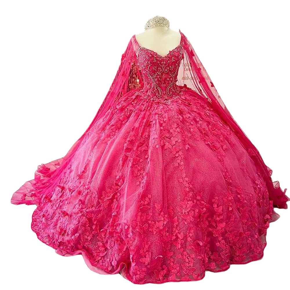 Fuchsia Sweet 16 Quinceanera Dresses with Cape 2023 Off Shoulder Butterfly Appliques Princess lace-up corset Vestidos De 15 Anos