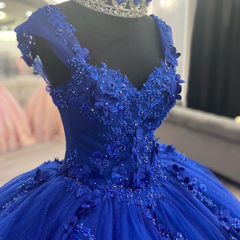Blue Shiny Princess Quinceanera Dresses Off Shoulder Lace Appliques Crystal Beads Tull Ball Gown Sweet 16 Dress Vestidos De 15 Anos