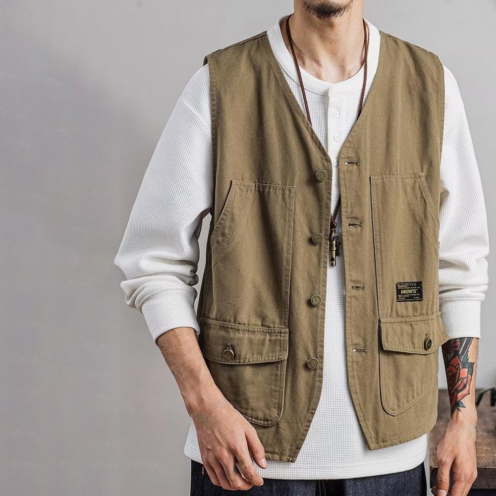 Men's Vests Outdoor Spring Autumn Fishing V Neck Loose Pure Color Waistcoat Korean Style 230309