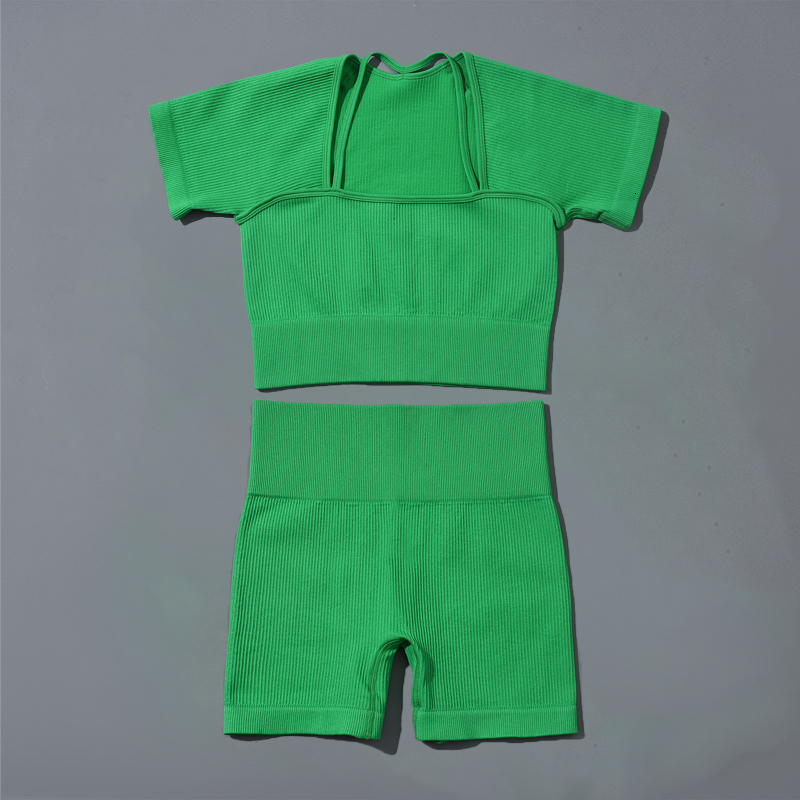 Yoga Outfits Ribbed Set Sports Seamles Tracksuit Fitness Two Pieces Suit Workout Sportswear Short Sets Gym Clothing 230308