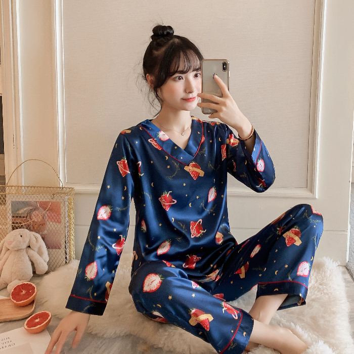 Women's Sleepwear Long Sleeve Silk Pajamas Sets For Women Autumn Satin Sleepwear Pyjamas Nightwear Set Young Girl Pijama Set femme V-neck homewea