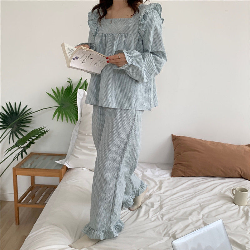 Women's Sleepwear Pajama Sets Women Plaid Harajuku Schoolgirl Sweet Style Autumn Simple Sleepwear Square Collar Ins Lovely Nightwear Daily 230309