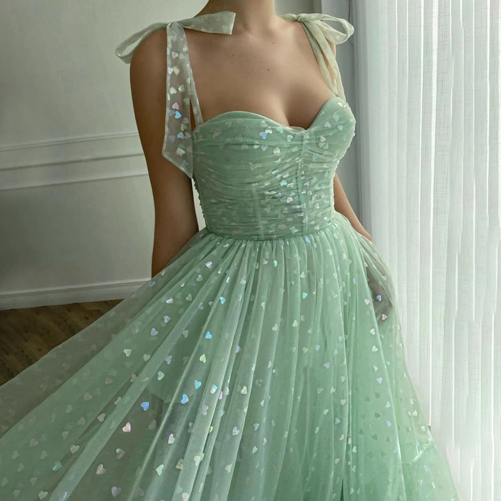 Mint Green Hearty Dresses Tied Bow Straps Sweetheart Midi Prom Gowns Pockets Tea-Length Evening Party Dress