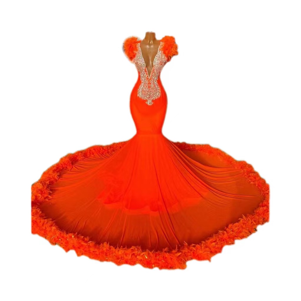 Pop Orange Prom Dress With Feathers 2k23 Black Girls Deep V Neck Evening Party Gowns Gala Occasion Birthday Dresses