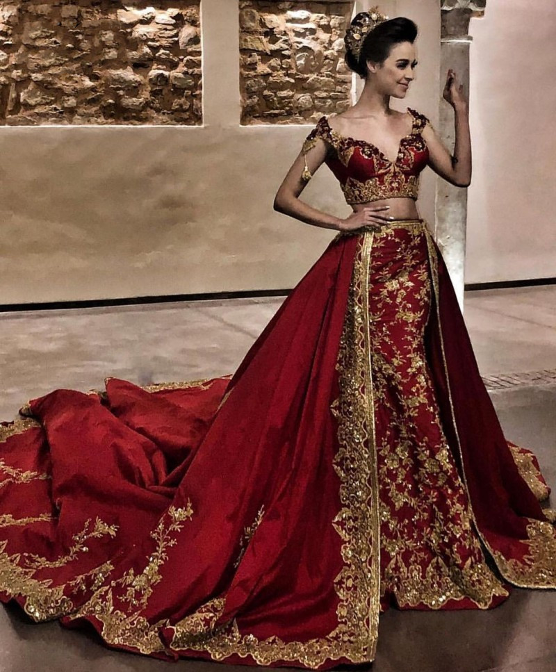 Indian Red Mermaid Evening Dress With Detachable Train Sexy 2 Piece Reception Prom Gown Morocca Abaya Dubai 2023 Robe De Mariee 2 in 1 Formal Engageme