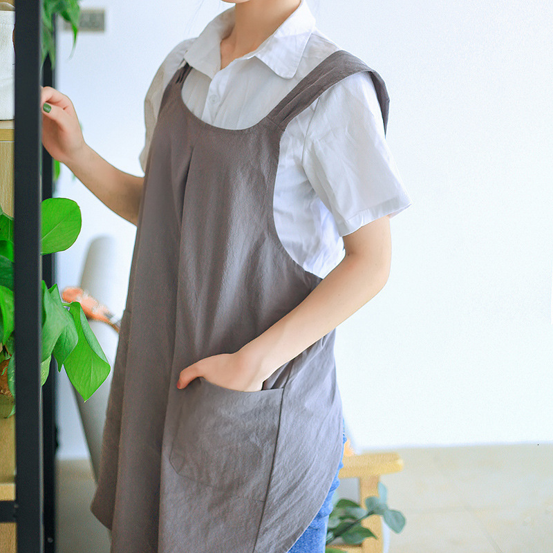Aprons Waterproof Women Cotton Linen Cross Back Japanese Housework Kitchen Cooking Double Pocket Florist Working 230308