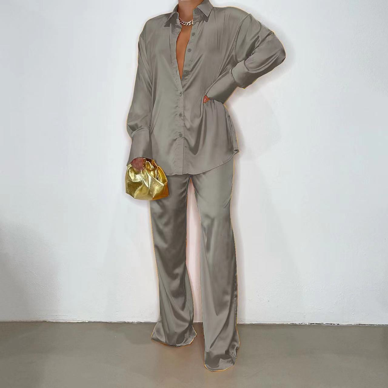 Women's Two Piece Pants Elegant Satin Women's Matching Sets Casual Long Sleeve Shirt Straight Pants Suit Female Loose Solid Tops Two Pieces 