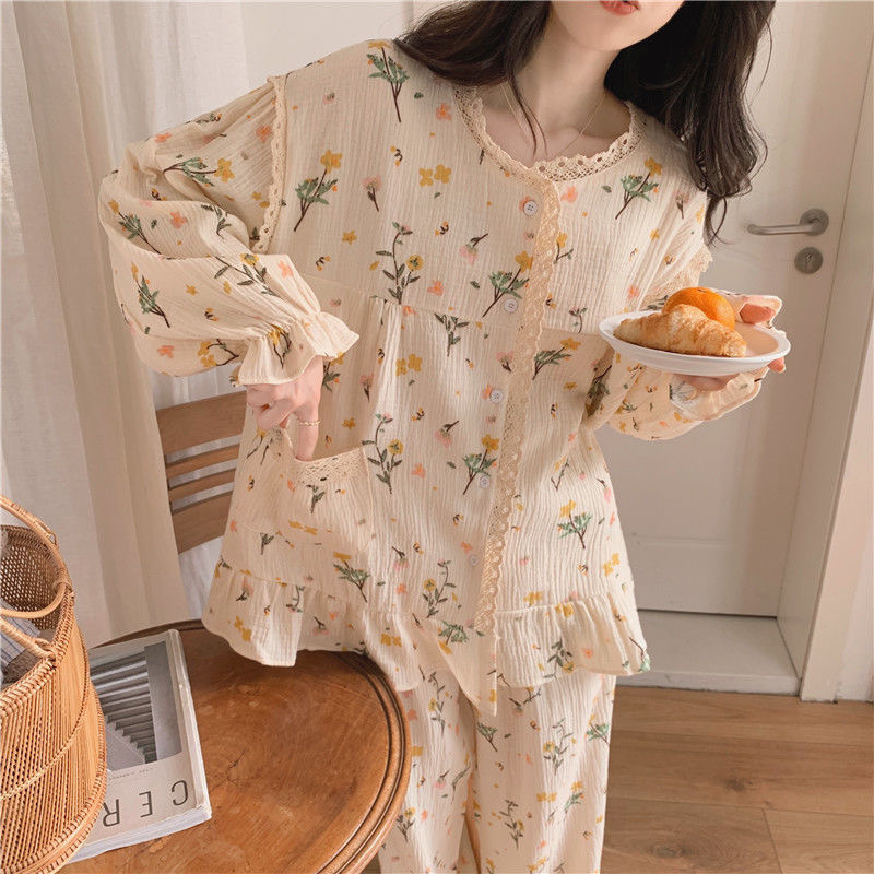 Women's Sleepwear Long Sleeve Pajama Set Square Collar Cardigan Women Floral Cartoon Printed Gauze Cotton Kawaii Trendy Women 2pcs Pyjamas Elegan