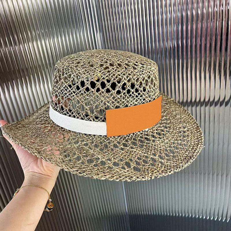 Hollow Ventilation Wide Brim Hats Bright Color Stitching White Ribbon Straw Hats Female Street Vacation Sun Protection Caps