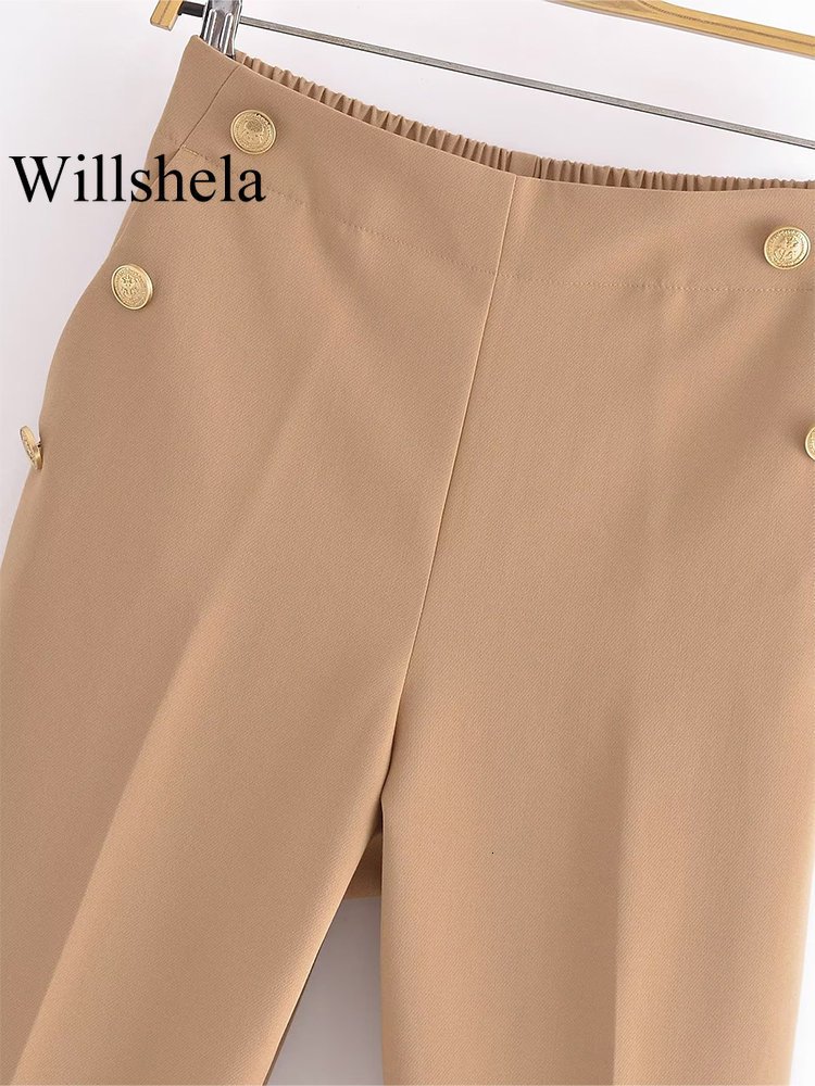 Women's Pants Capris Willshela Women Fashion With Button Solid Trousers Vintage High Elastic Waist Female Chic Lady Wide Leg Pants Mujer 230309