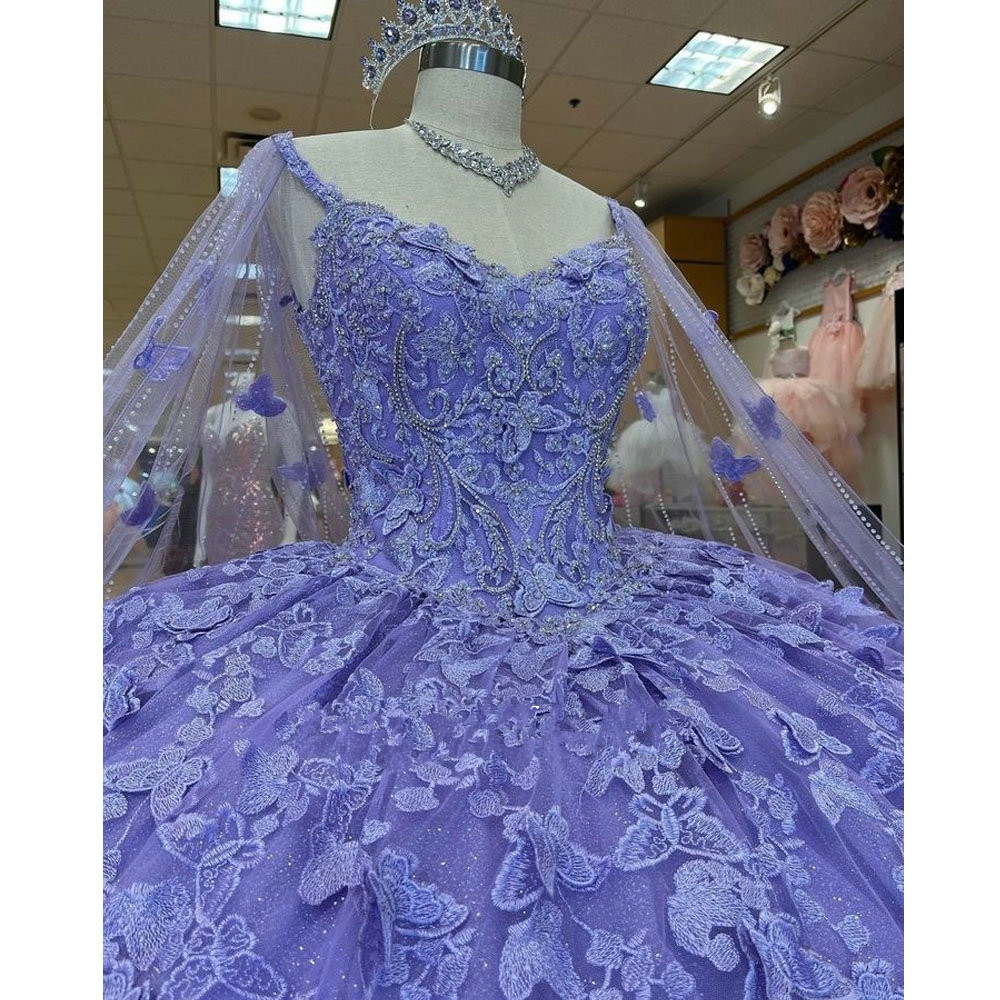 lavender Lilac 3D Butterfly princess Quinceanera Dresses With Cape Appliques Crystal lace-up Corset Vestidos De Quinceanera