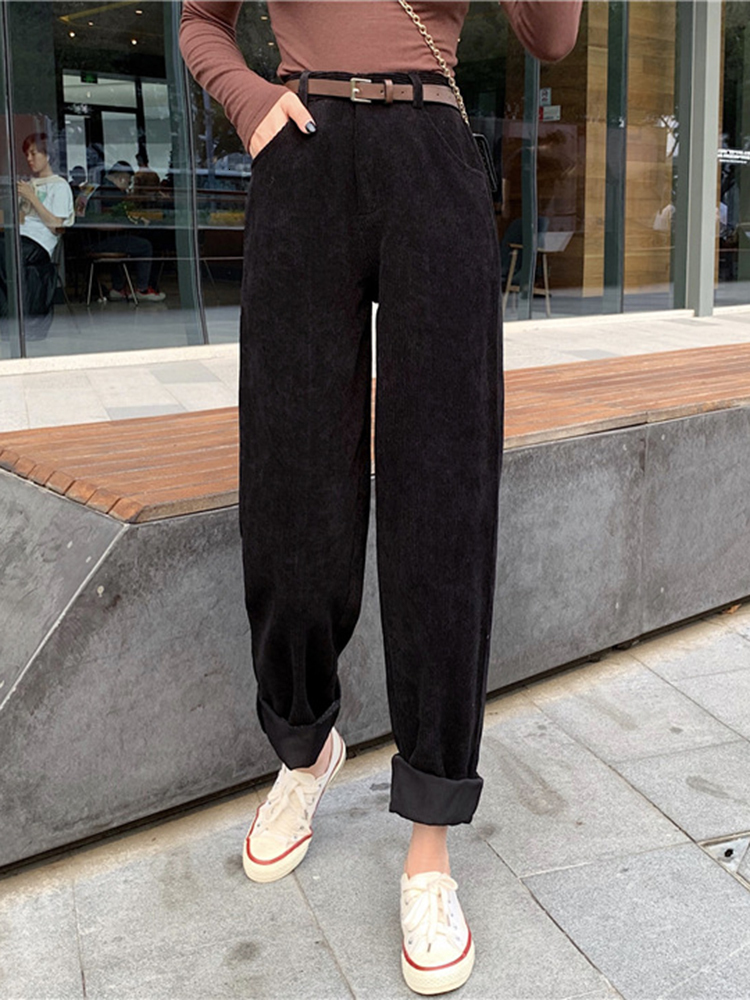 Women's Pants Capris ZOKI Vintage Corduroy Women Pants Fashion Belt Fall Elastic High Waist All Match Wide Leg Pants Causal Pockets Loose Trouser