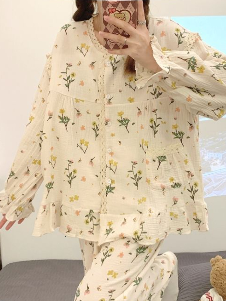 Women's Sleepwear Pajama Sets Women Print Student Breathable Casual Korean Style O-neck Sleepwear Basic Loose Ins Homewear Tender Simple 230309