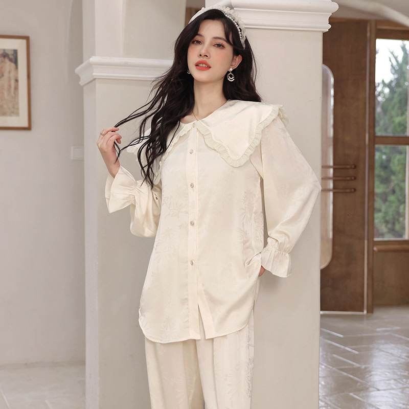 Women's Sleepwear CRLAYDK in Women's Pajamas Jacquard Ruffle Large Collar Cute Loungwear Soft Silk Long Sleeve Sleepwear Button Down Nightwe