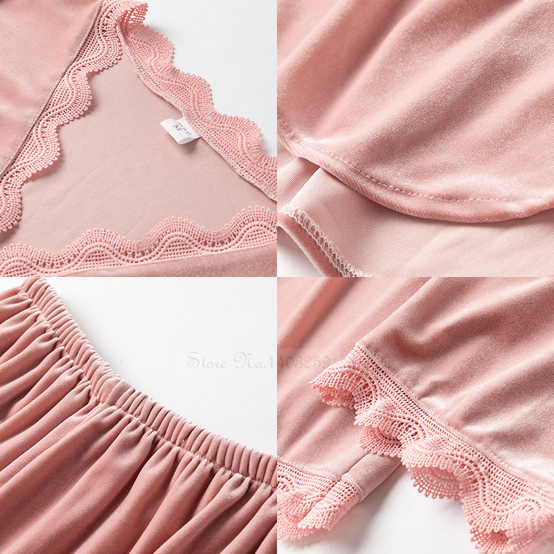 Women's Sleepwear Velvet Pajamas Women Autumn Winter Sleepwear Long Sleeve Casual Nightwear Pyjamas Suit Loose Home Clothes Lace Trim Sleep Set 2
