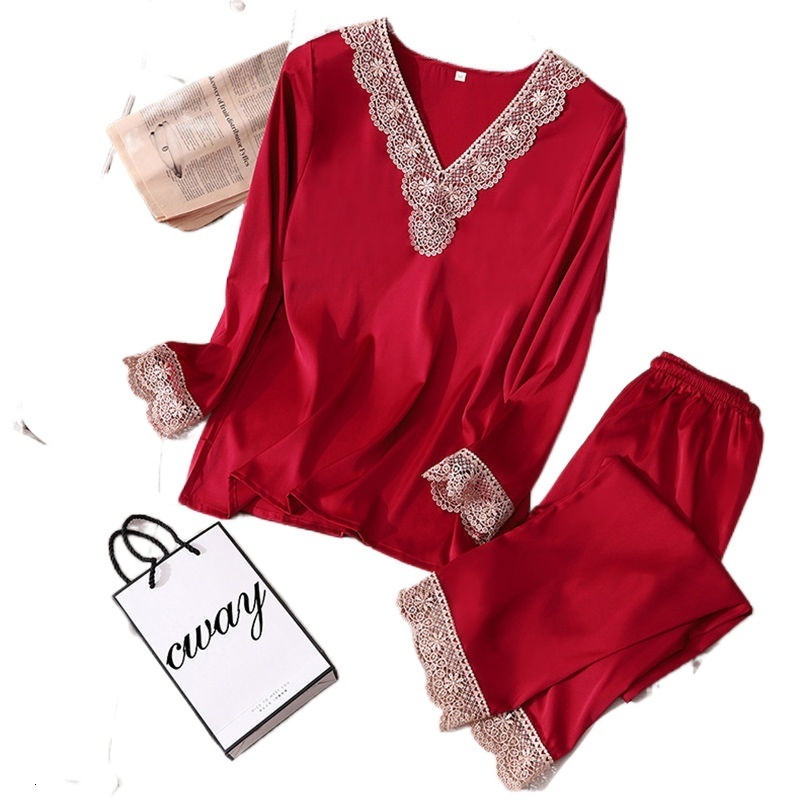 Women's Sleepwear 4611c-4 Womens Silk Satin Pajamas Pyjama set Sleepwear Pajamas Suit Female Sleep Two Piece Set Loungewear Home Wear49b1-1 23030