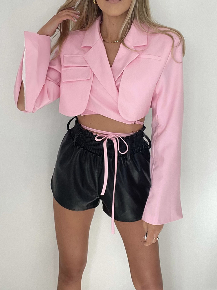 Women's Two Piece Pants Articat Gray Double Layer Bandage Slim Blazer Women Long Sleeve Pocket Short Jacket Female Notched Collar Outwear Tops 23