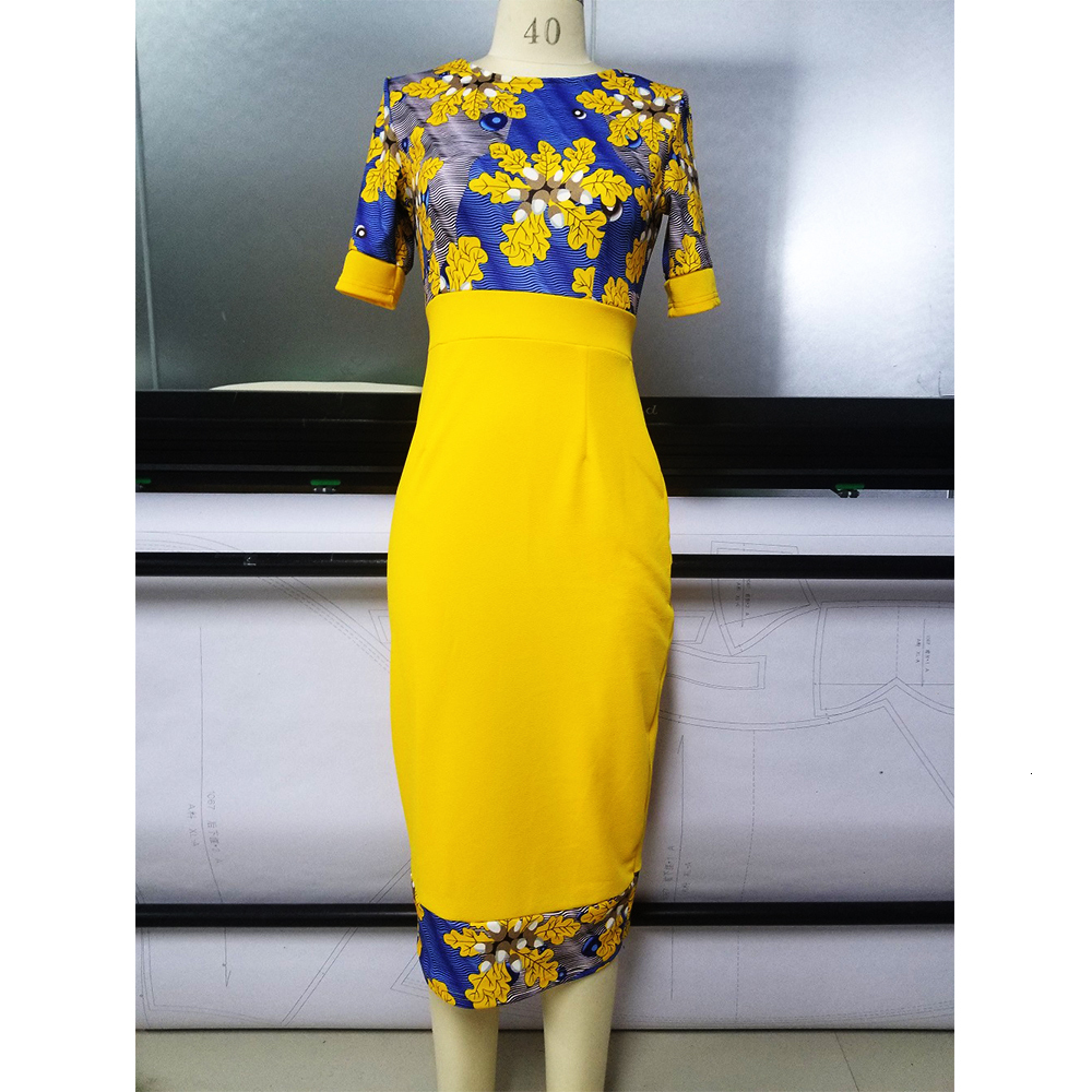 Casual Dresses Summer Dress Yellow Elegant Floral Print Party Dress for Woman ONeck Half Sleeve Slim Office Work Vestidos Sexy Bodycon Dresses 230309