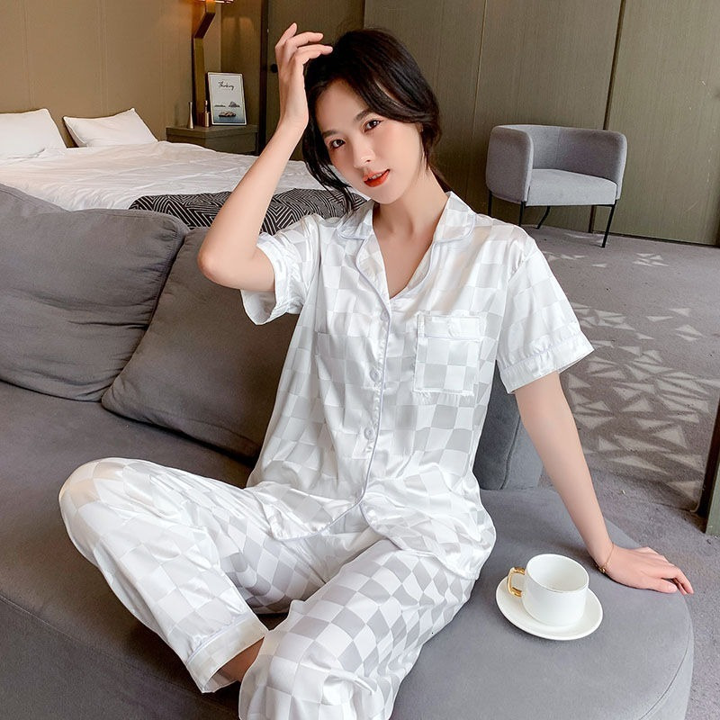 Women's Sleepwear Pink Plaid Pajamas Ladies Summer Large Size Spring and Autumn Long Sleeve Thin Ice Silk Homewear Set 230309