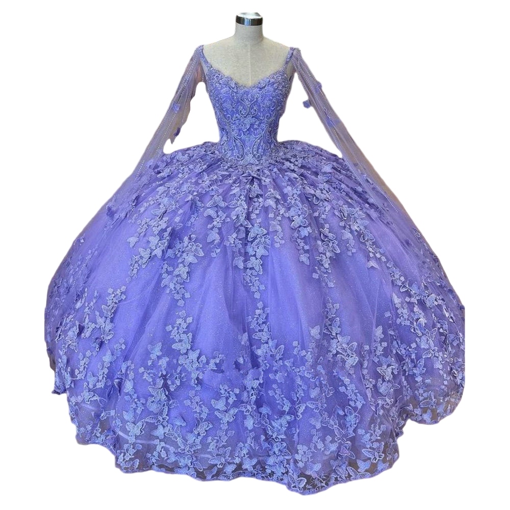 lavender Lilac 3D Butterfly princess Quinceanera Dresses With Cape Appliques Crystal lace-up Corset Vestidos De Quinceanera