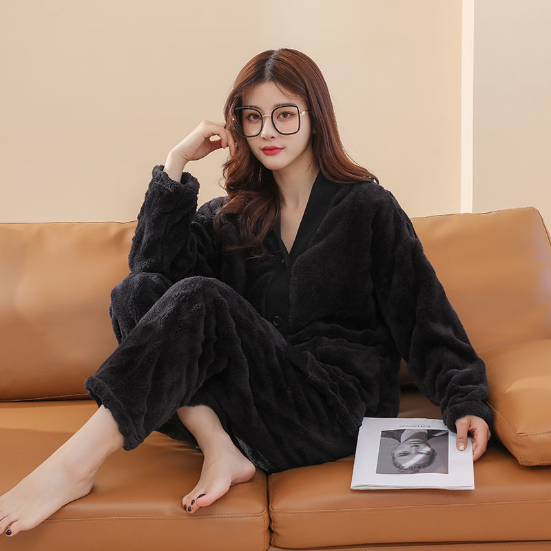 Women's Sleepwear Solid Pajamas Set Winter Coral Fleece Sleeve Buttons Leisure Senior Warm Sleepwear Thick Velvet Homewear Home Long Sleeve 23030