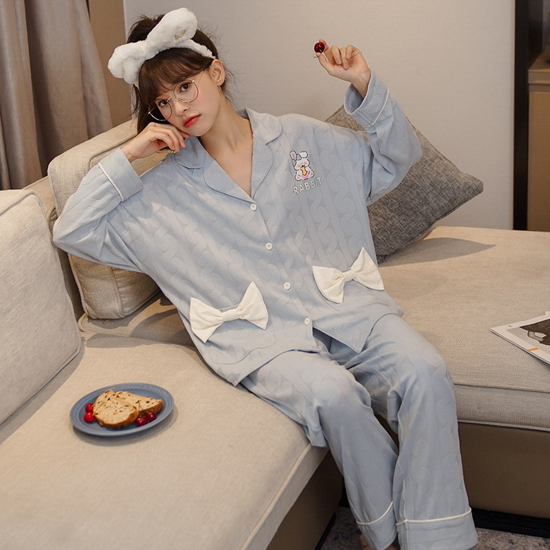 Women's Sleepwear women's pajamas cotton cardigan long-sleeved sweet fairy style loose large size can be worn outside the home clothes suit 