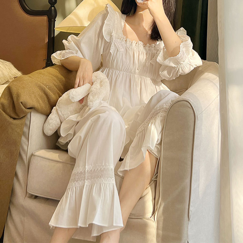 Women's Sleepwear Pure Cotton Vintage Pajamas Women Spring Autumn Sweet Lace Ruffles Sleep Tops Bottoms Long Pants Pajama Sets Princess Sleepwear